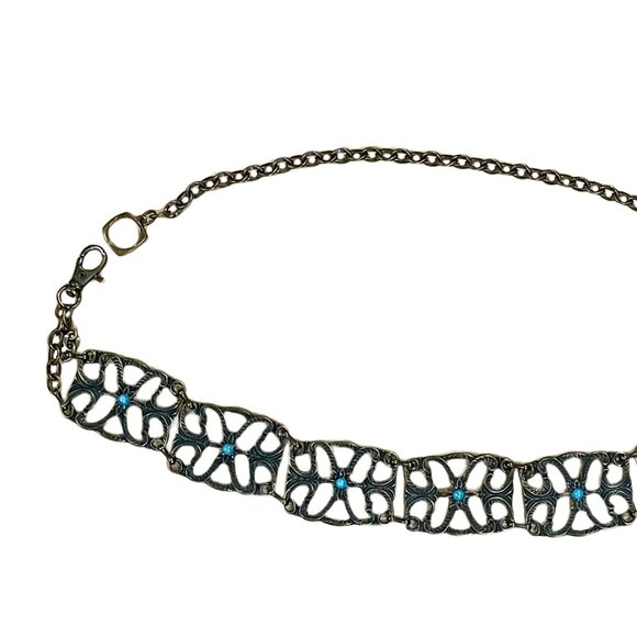 Vintage Metal Flower & Scrolls Chain Link Belt | Bronze & Turquoise Color - Picture 1 of 11